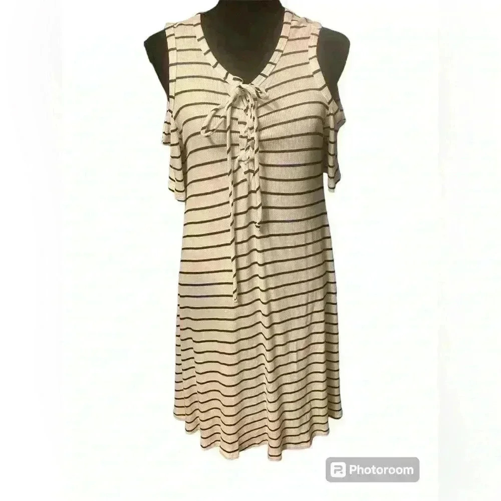 Black & White striped dress with cold shoulders. Women’s size large